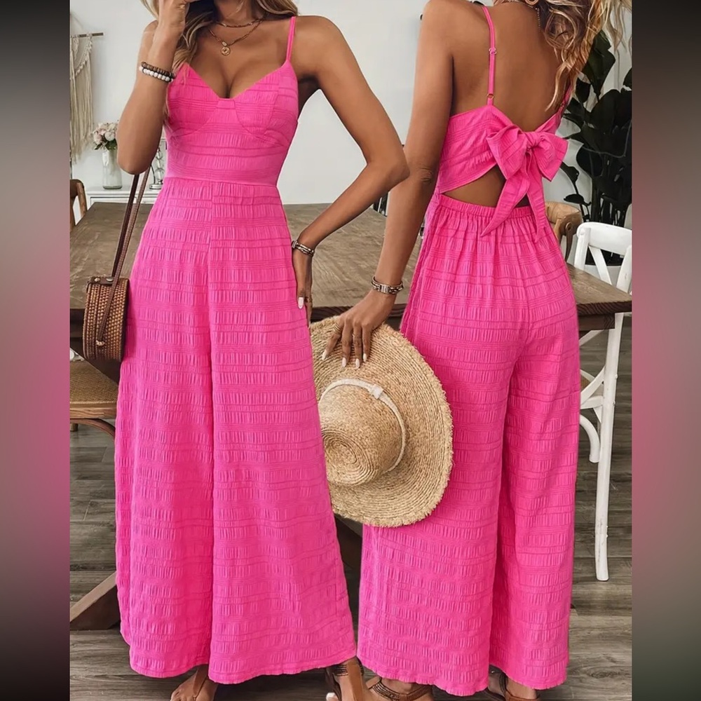 Hot Pink Spaghetti-Strap Wide-Leg Jumpsuit with Back Bow